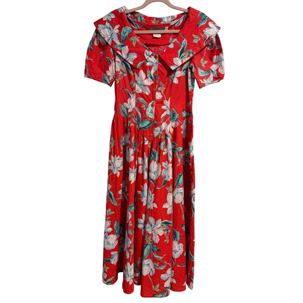 Vintage Carol Anderson Bright Coral White Lillies Maxi Dress - Size 9/10